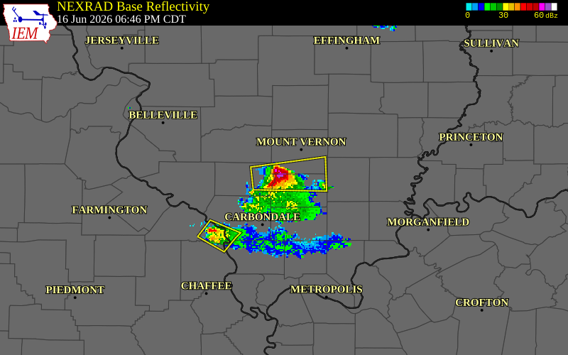 NEXRAD radar during the Tuesday, June 16, 2026 storm activity in Franklin County, Illinois