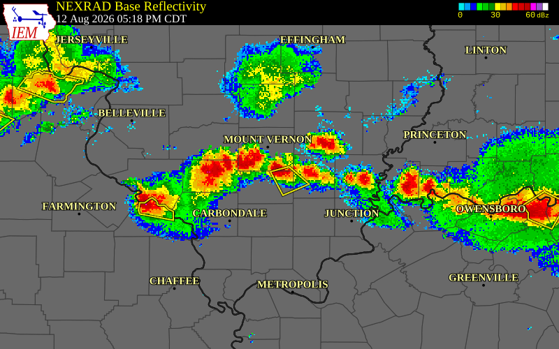 NEXRAD radar during the Wednesday, August 12, 2026 storm activity in Franklin County, Illinois