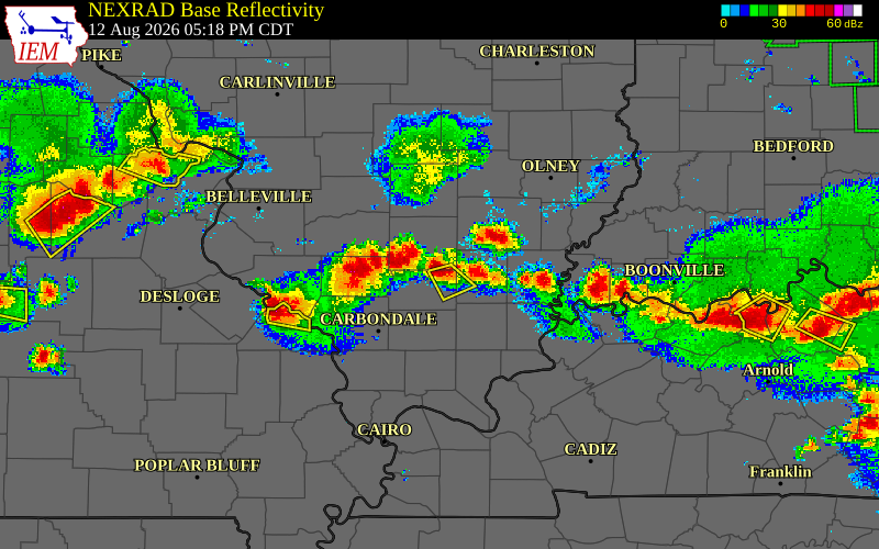 Radar snapshot during the Aug 12, 2026 hail event near 2 ENE Ewing, Franklin County, Illinois, with NWS warning polygons