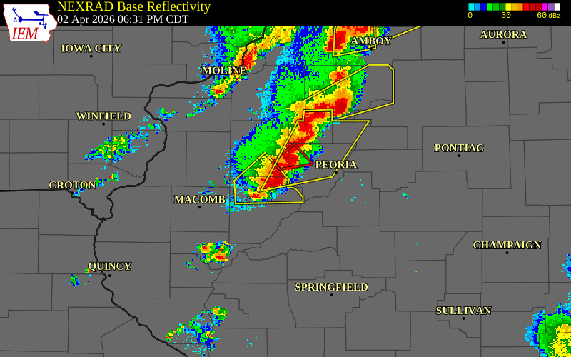 NEXRAD radar during the Thursday, April 2, 2026 storm activity in Fulton County, Illinois