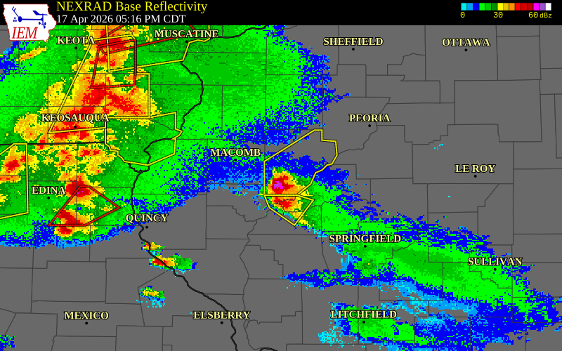 NEXRAD radar during the Friday, April 17, 2026 storm activity in Fulton County, Illinois