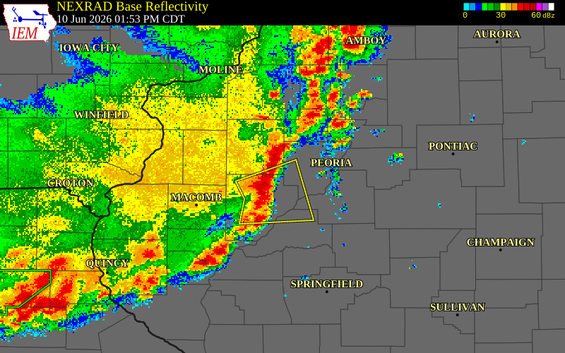 NEXRAD radar during the Wednesday, June 10, 2026 storm activity in Fulton County, Illinois