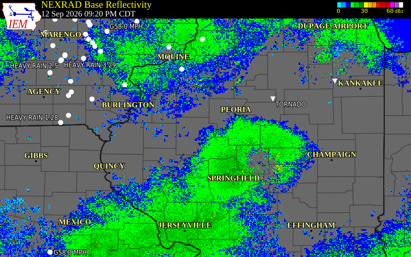 Current NEXRAD radar over Fulton County, Illinois with recent storm report locations