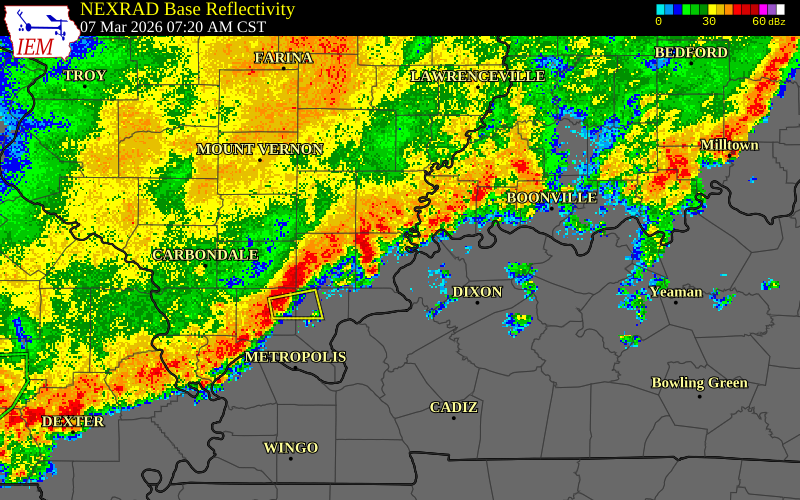 NEXRAD radar during the Saturday, March 7, 2026 storm activity in Gallatin County, Illinois