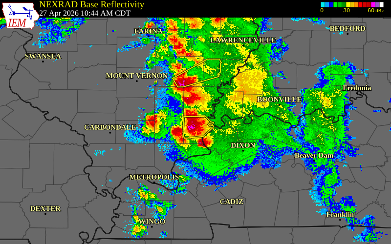 NEXRAD radar during the Monday, April 27, 2026 storm activity in Gallatin County, Illinois