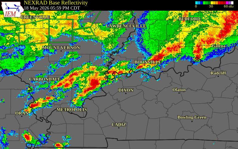NEXRAD radar during the Monday, May 18, 2026 storm activity in Gallatin County, Illinois