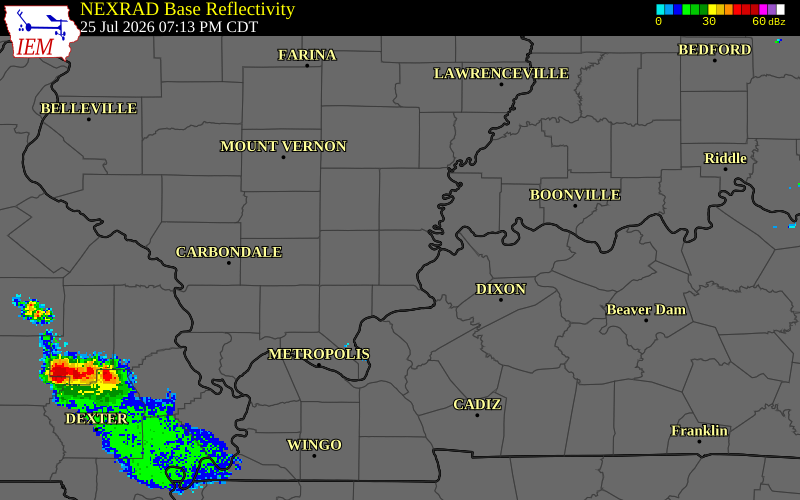 NEXRAD radar during the Saturday, July 25, 2026 storm activity in Gallatin County, Illinois