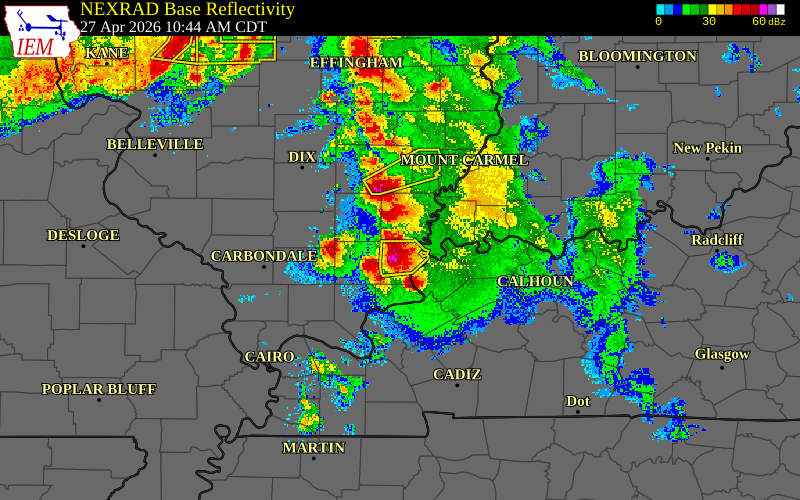 Radar snapshot during the Apr 27, 2026 hail event near 3 N Ridgway, Gallatin County, Illinois, with NWS warning polygons