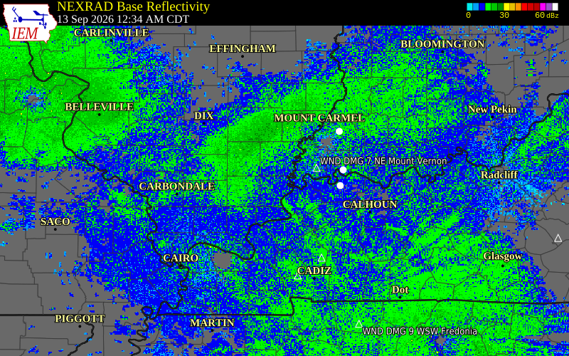 Current NEXRAD radar over Gallatin County, Illinois with recent storm report locations