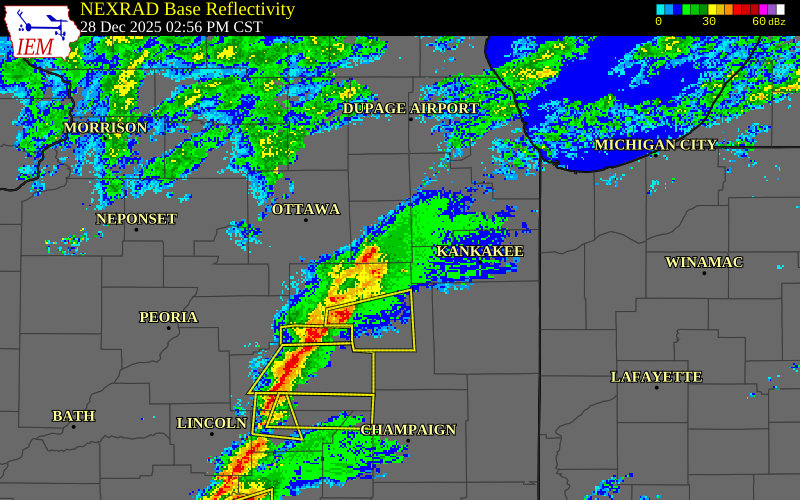 NEXRAD radar during the Sunday, December 28, 2025 storm activity in Grundy County, Illinois