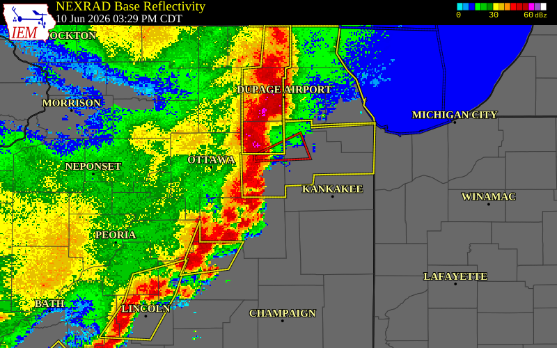 NEXRAD radar during the Wednesday, June 10, 2026 storm activity in Grundy County, Illinois