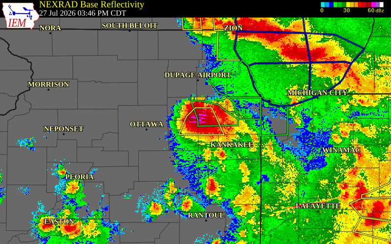 NEXRAD radar during the Monday, July 27, 2026 storm activity in Grundy County, Illinois