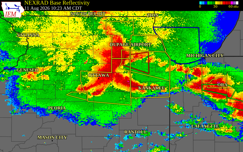 NEXRAD radar during the Tuesday, August 11, 2026 storm activity in Grundy County, Illinois
