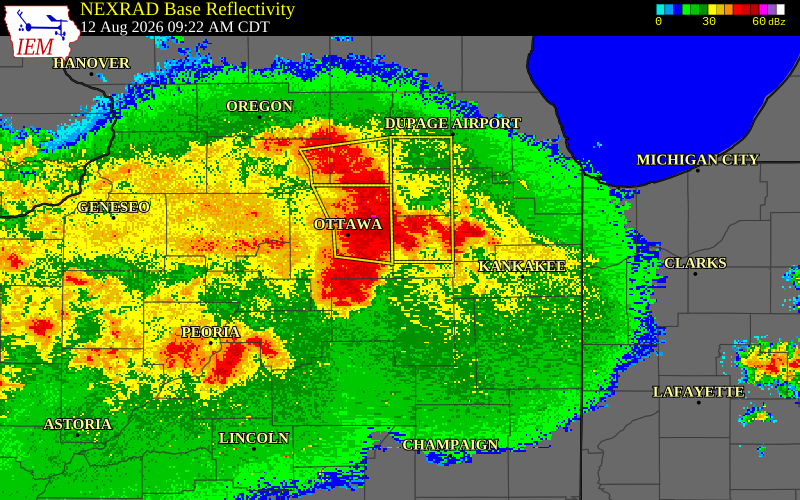 NEXRAD radar during the Wednesday, August 12, 2026 storm activity in Grundy County, Illinois
