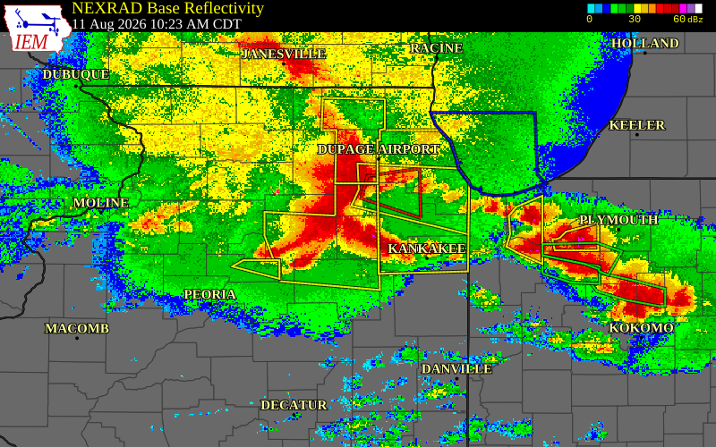 Radar snapshot during the Aug 11, 2026 tornado event near 3 N Morris, Grundy County, Illinois, with NWS warning polygons