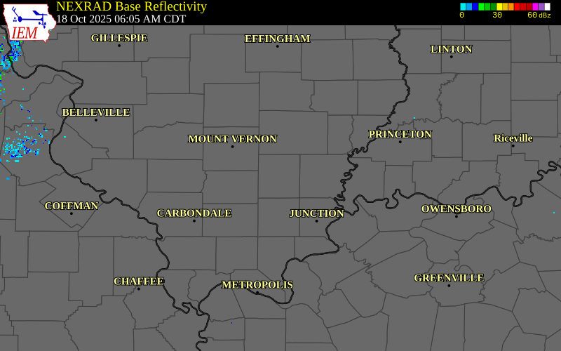 NEXRAD radar during the Saturday, October 18, 2025 storm activity in Hamilton County, Illinois