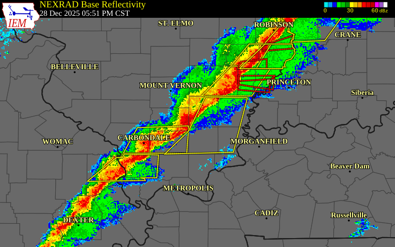 NEXRAD radar during the Sunday, December 28, 2025 storm activity in Hamilton County, Illinois
