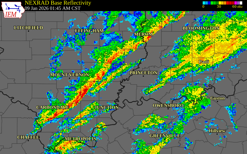 NEXRAD radar during the Friday, January 9, 2026 storm activity in Hamilton County, Illinois