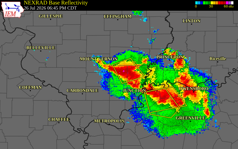 NEXRAD radar during the Sunday, July 26, 2026 storm activity in Hamilton County, Illinois