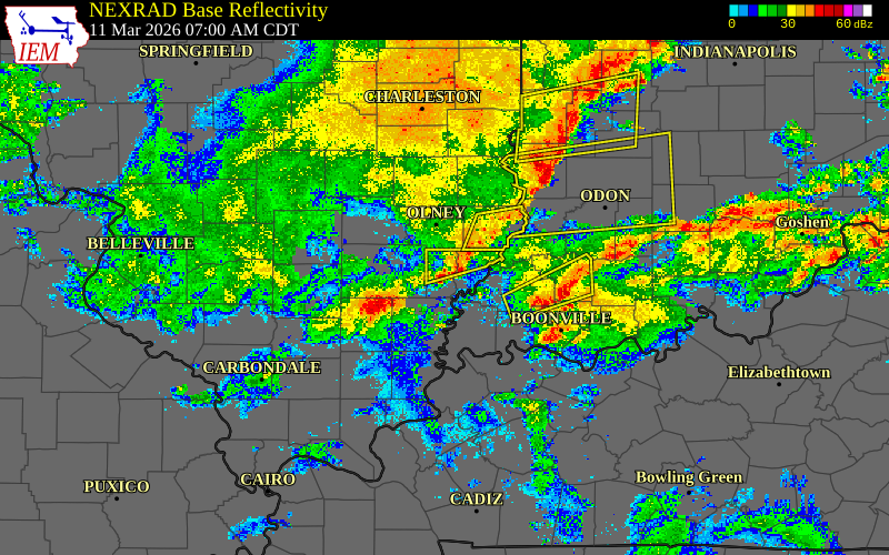 Radar snapshot during the Mar 11, 2026 wind event near Hamilton County, Hamilton County, Illinois, with NWS warning polygons