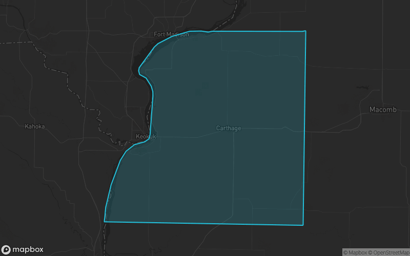 Map of Hancock County, Illinois showing the county boundary and surrounding cities