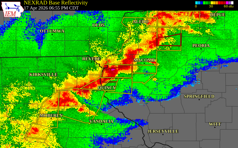 NEXRAD radar during the Friday, April 17, 2026 storm activity in Hancock County, Illinois