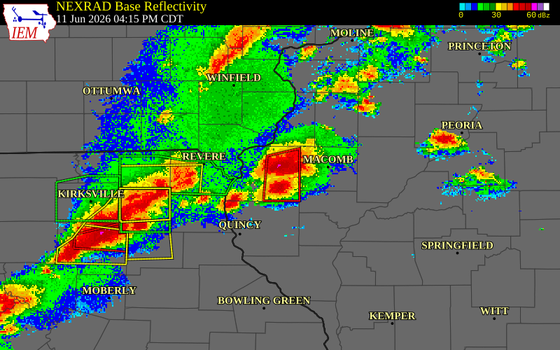 NEXRAD radar during the Thursday, June 11, 2026 storm activity in Hancock County, Illinois