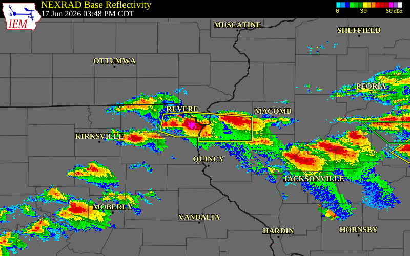 NEXRAD radar during the Wednesday, June 17, 2026 storm activity in Hancock County, Illinois