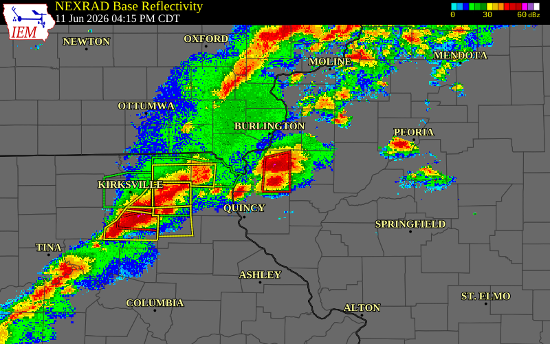 Radar snapshot during the Jun 11, 2026 tornado event near 3 E Carthage, Hancock County, Illinois, with NWS warning polygons