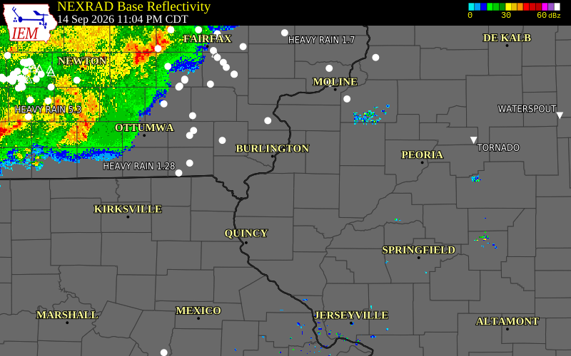 Current NEXRAD radar over Hancock County, Illinois with recent storm report locations