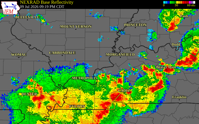 NEXRAD radar during the Thursday, July 9, 2026 storm activity in Hardin County, Illinois