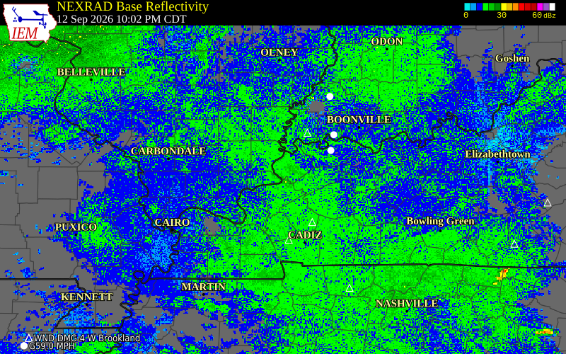 Current NEXRAD radar over Hardin County, Illinois with recent storm report locations