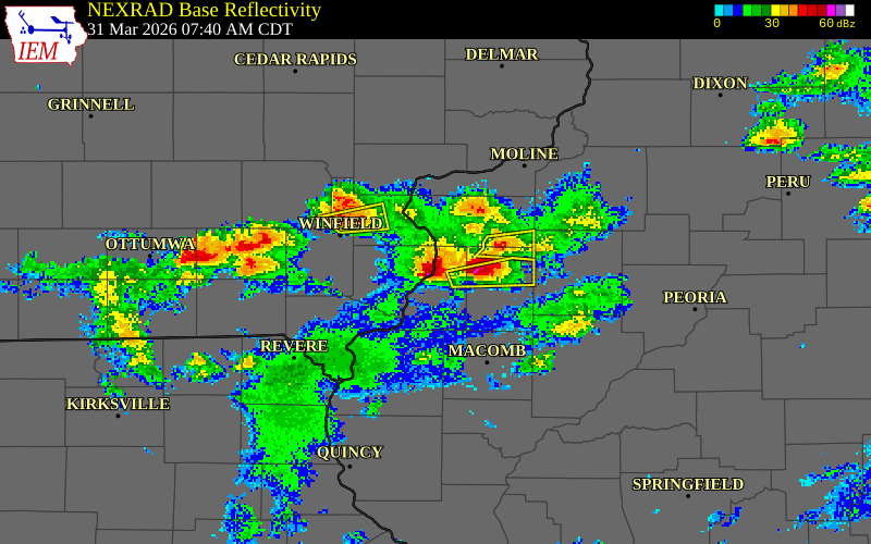 NEXRAD radar during the Tuesday, March 31, 2026 storm activity in Henderson County, Illinois