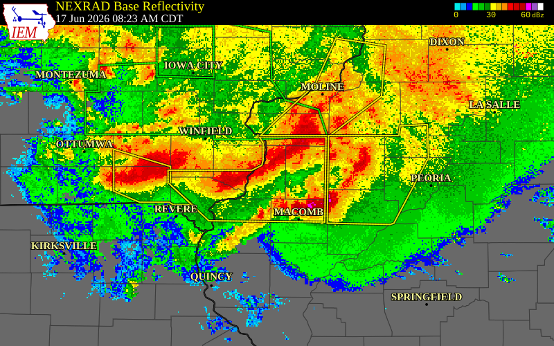 NEXRAD radar during the Wednesday, June 17, 2026 storm activity in Henderson County, Illinois