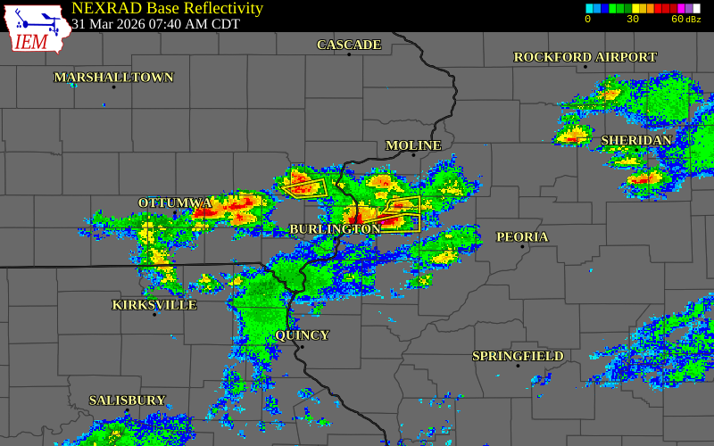 Radar snapshot during the Mar 31, 2026 hail event near Oquawka, Henderson County, Illinois, with NWS warning polygons