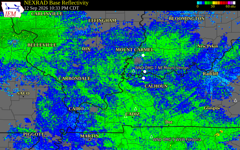 Current NEXRAD radar over Henderson County, Illinois with recent storm report locations