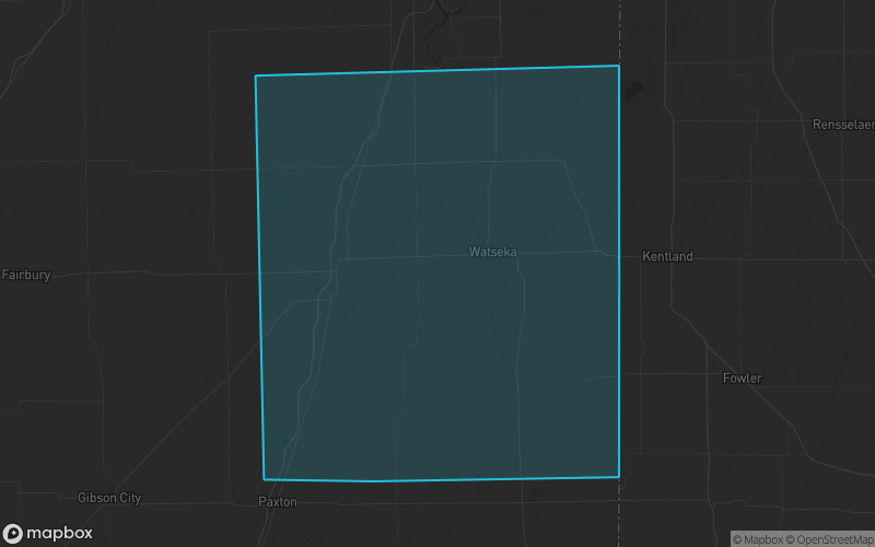 Map of Iroquois County, Illinois showing the county boundary and surrounding cities