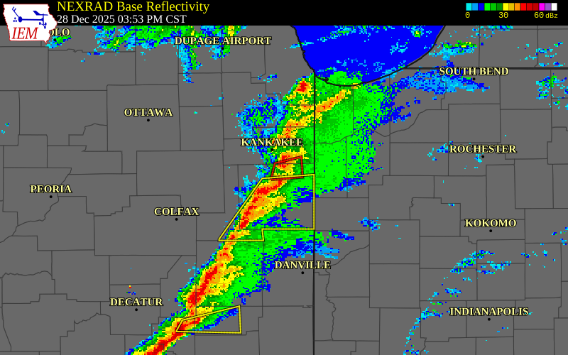 NEXRAD radar during the Sunday, December 28, 2025 storm activity in Iroquois County, Illinois