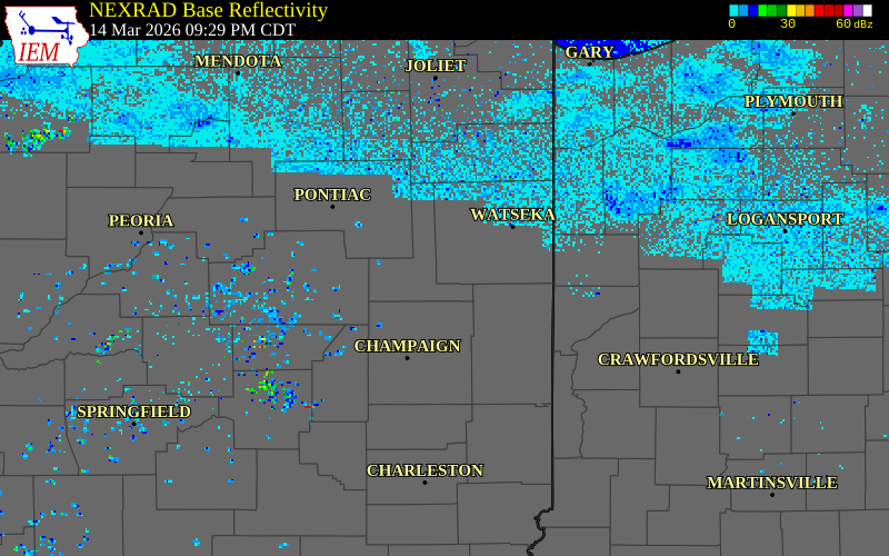 NEXRAD radar during the Saturday, March 14, 2026 storm activity in Iroquois County, Illinois