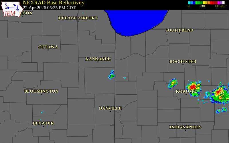 NEXRAD radar during the Wednesday, April 22, 2026 storm activity in Iroquois County, Illinois