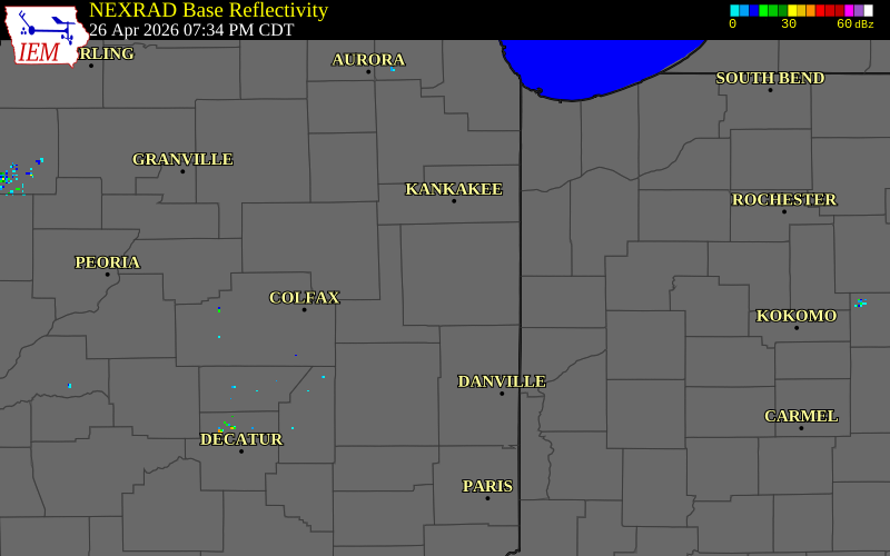 NEXRAD radar during the Sunday, April 26, 2026 storm activity in Iroquois County, Illinois