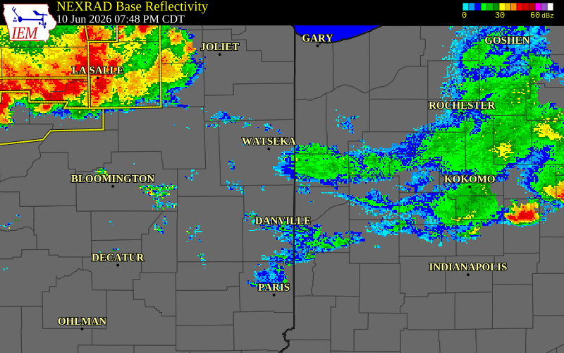 NEXRAD radar during the Wednesday, June 10, 2026 storm activity in Iroquois County, Illinois