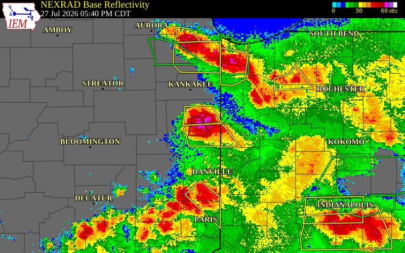 NEXRAD radar during the Monday, July 27, 2026 storm activity in Iroquois County, Illinois