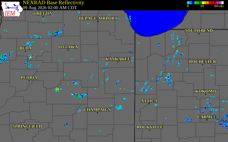 NEXRAD radar during the Sunday, August 9, 2026 storm activity in Iroquois County, Illinois