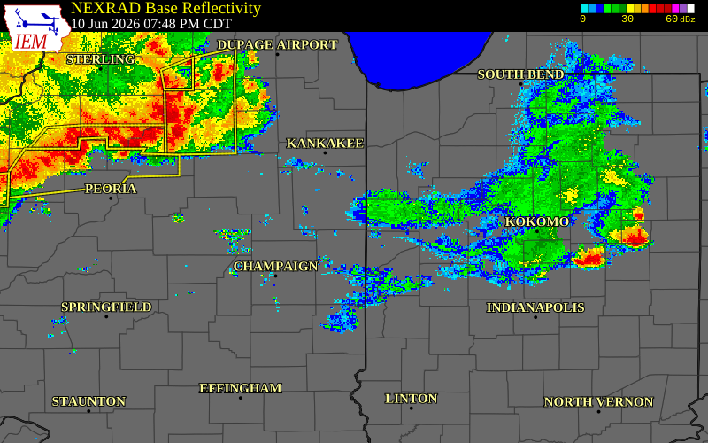 Radar snapshot during the Jun 10, 2026 tornado event near 3 ENE Wellington, Iroquois County, Illinois, with NWS warning polygons