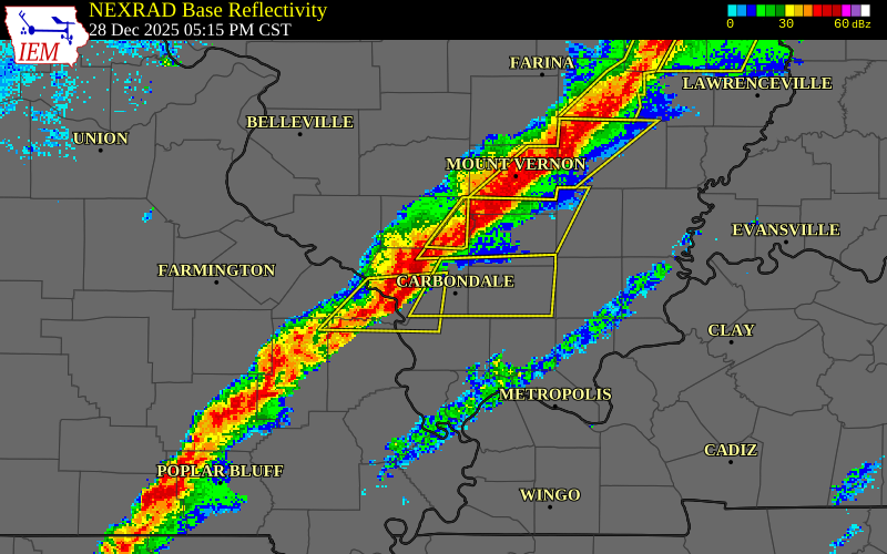NEXRAD radar during the Sunday, December 28, 2025 storm activity in Jackson County, Illinois