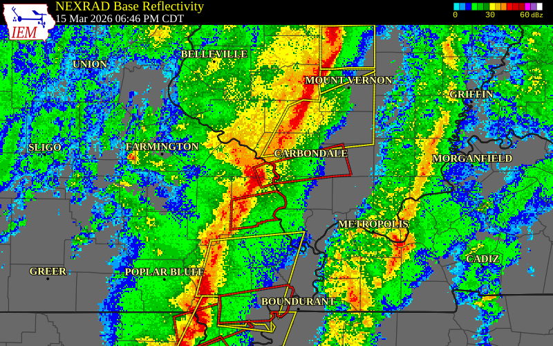 NEXRAD radar during the Sunday, March 15, 2026 storm activity in Jackson County, Illinois