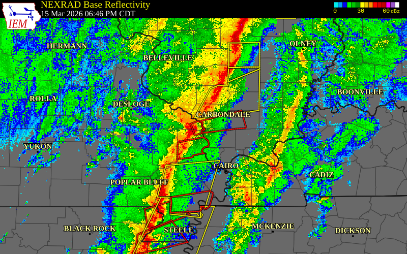 Radar snapshot during the Mar 15, 2026 tornado event near 1 S Grand Tower, Jackson County, Illinois, with NWS warning polygons