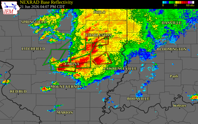 NEXRAD radar during the Sunday, June 21, 2026 storm activity in Jasper County, Illinois