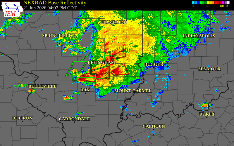 Radar snapshot during the Jun 21, 2026 tornado event near 4 S Newton, Jasper County, Illinois, with NWS warning polygons
